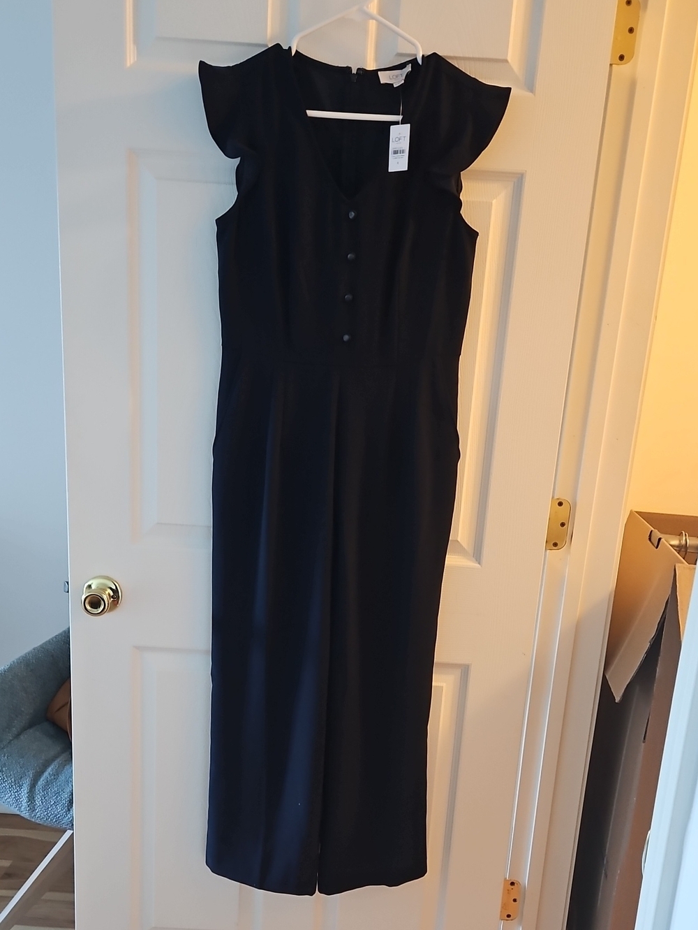 LOFT Navy Sleeveless Button-Front Jumpsuit with Flutter Shoulders